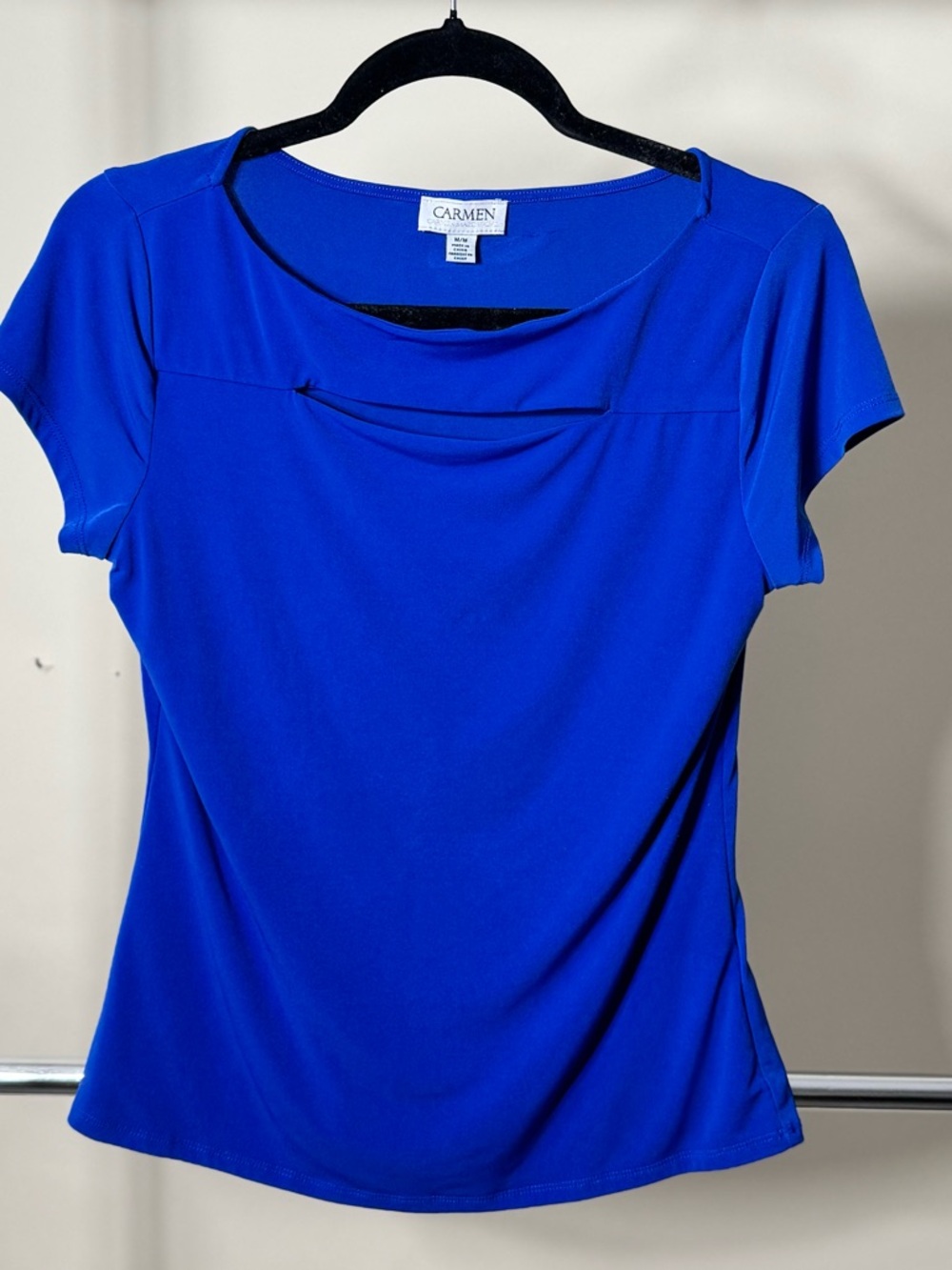 Carmen Marc Valvo Cobalt Blue Short Sleeve Scoop Neck Top